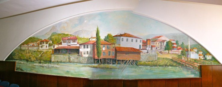 Dipinto murale del fiume Ibar a Mitrovica raffigurato su un muro della sala del Centro Culturale di Mitrovica, Kosovo