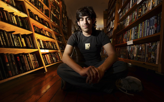Aaron Swartz poses in a Borderland Books in San Francisco